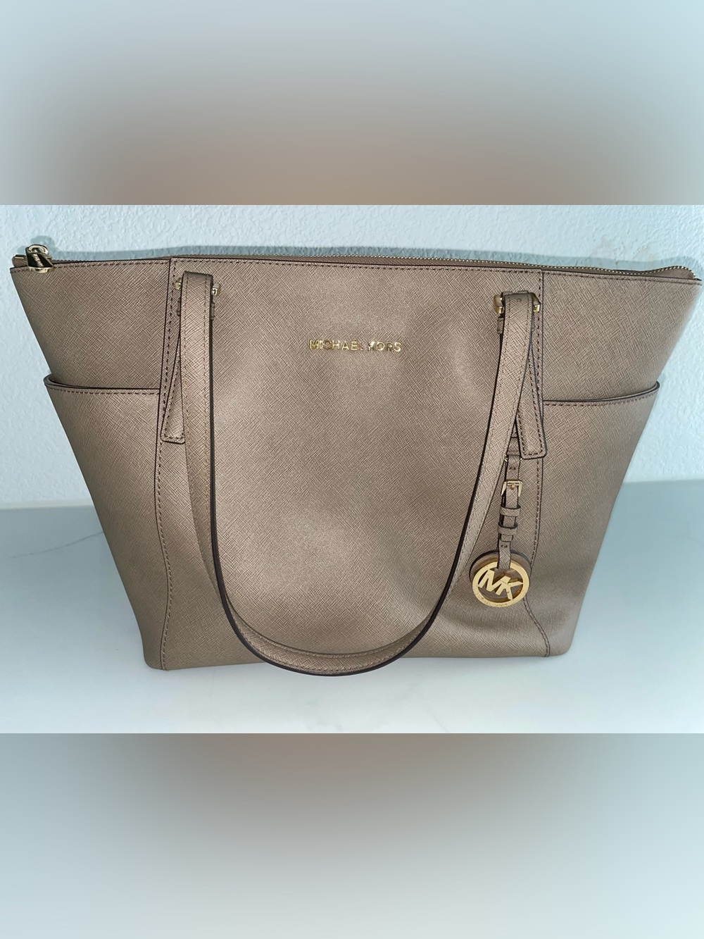 Michael Kors Taupe Saffiano Leather Tote with Gold MK Charm